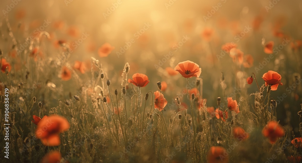 Fototapeta premium Impressionist artwork illustrating a blooming meadow filled with vivid red poppies and gentle light