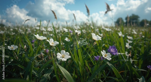 Lush white and purple flowe...
