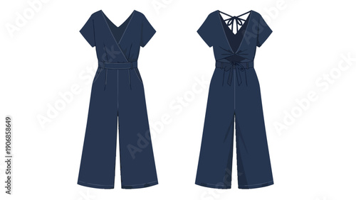 Stylish navy blue women's short-sleeve jumpsuit design, showcasing front and back views.