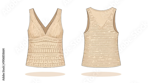 Detailed technical drawing of a stylish women's textured sleeveless top, front and back views for fashion design reference