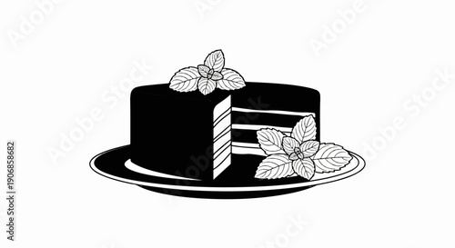 Delicious chocolate cake slice with mint leaves on a dark plate