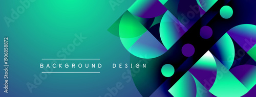Abstract gradient background. Vivid turquoise, purple hues blend. Geometric shapes overlap creating dynamic visual effect. Text reads background design.