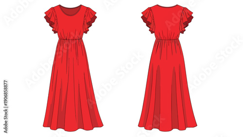 Vibrant red midi dress technical fashion illustration featuring elegant flutter sleeves and a cinched waist design for modern apparel blueprints and