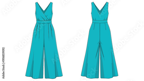 Modern teal wide-leg jumpsuit flat sketch fashion illustration