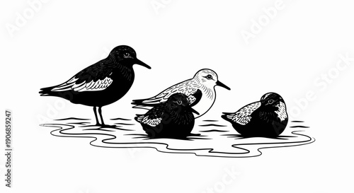 Diverse shorebirds depicted in a graphic style, standing near water