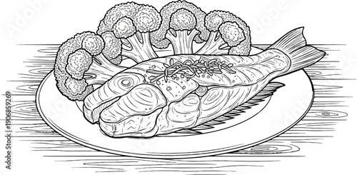 Delicious fish steak with broccoli served on a wooden table