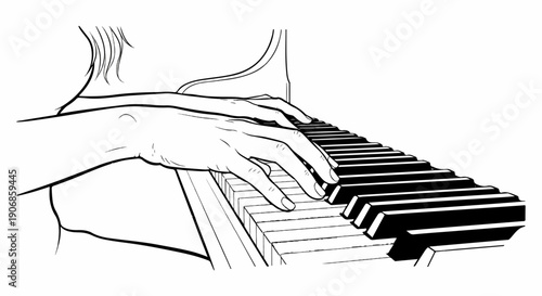 Close-up of hands playing a piano keyboard with black and white keys