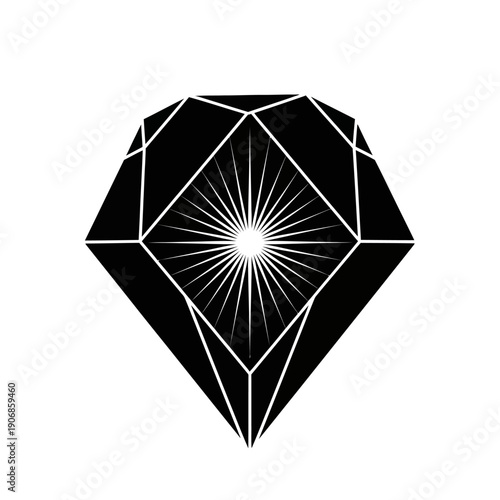 Abstract Black Diamond Gemstone with Radiant Light Rays and Geometric Facets