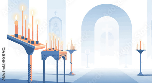 Burning candles in a serene church, light streams through arches