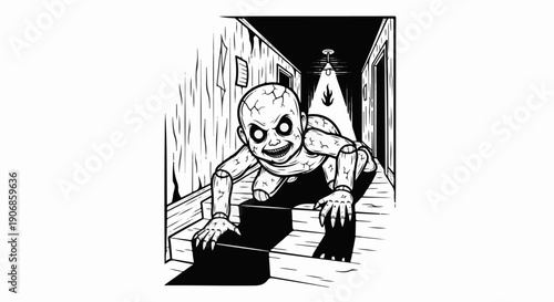 Creepy cracked doll with glowing eyes crawls up wooden stairs in dark hallway