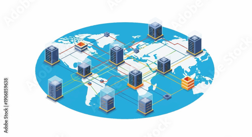 Global Data Centers and Network Infrastructure Illustration.