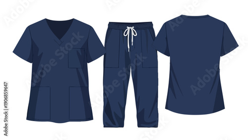 Professional navy blue medical scrub uniform set featuring a comfortable v-neck top with useful utility pockets and coordinating drawstring pants