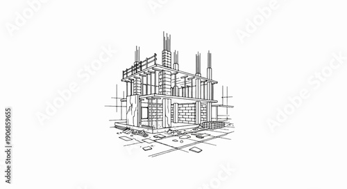 Building under construction with concrete columns and brick walls