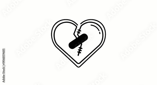 Broken heart with a band-aid and stitches, symbolic of healing