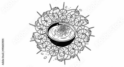 Delicious shrimp skewers artfully arranged around a bowl of dipping sauce