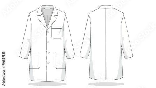 Clean white lab coat uniform design illustration showcasing professional medical and scientific workwear apparel front and back view template drawing