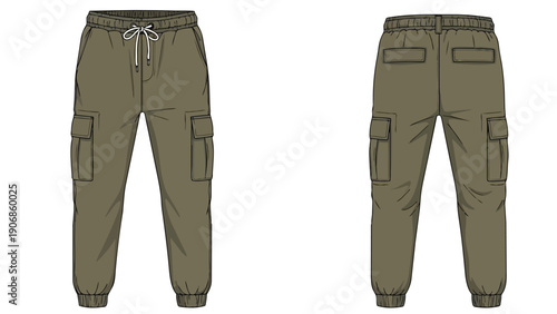 Technical flat drawing of men's olive green cargo jogger pants, front and back views.