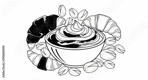 Bowl of cream with croissants and nuts, black and white illustration
