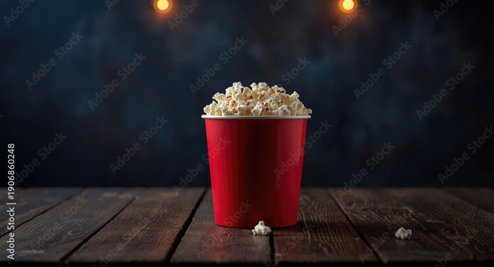 Obraz premium Cozy cinema atmosphere with red popcorn tub filled with salted popcorn on wood table illuminated by diffuse background lights