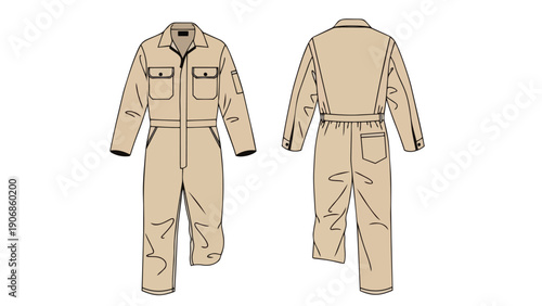 Detailed technical drawing of a practical beige utility coverall, front and back views.