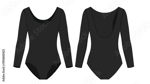 Versatile black long sleeve leotard technical flat sketch displaying front and back views for activewear and dance apparel design purposes. A