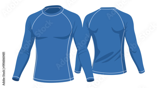 Dynamic blue long-sleeved performance top with prominent white flatlock stitching, offering clear front and back views, perfect for showcasing