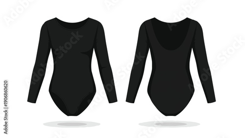 A sleek black long-sleeved bodysuit presented with dual views elegant minimalist apparel design template