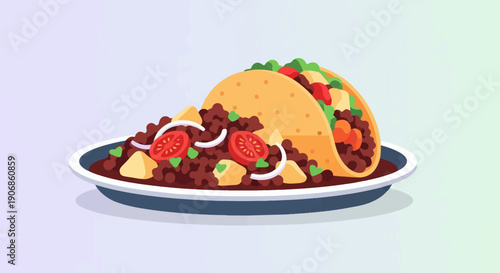 Delicious taco with ground meat and fresh toppings on a plate