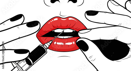 Close-up of red lips being injected with a needle