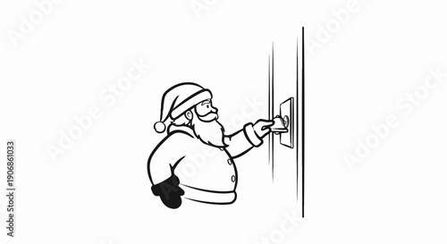 Cheerful Santa Claus character pressing a doorbell for entry