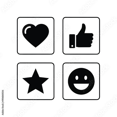 Social Media Icons Set Featuring Heart, Thumbs Up, Star, and Smiley Face Symbols