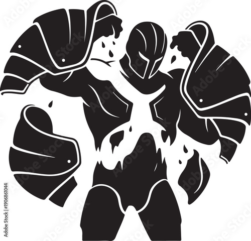 Stylized illustration of two figures in dramatic pose together
