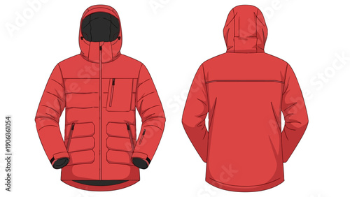 Detailed technical flat sketch of a vibrant red hooded puffer jacket designed for warmth and outdoor adventures showing both front and back views