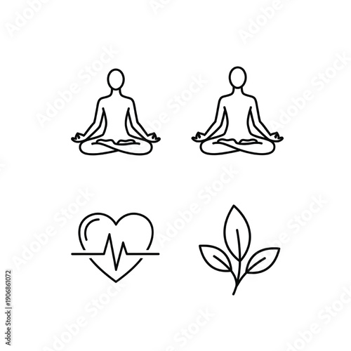 Serene figures meditating in lotus position with heart rate and leaves icons below