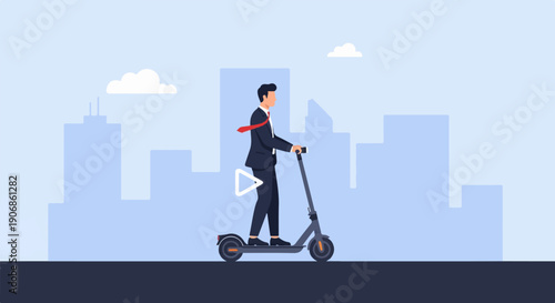 Businessman in suit riding electric scooter through cityscape