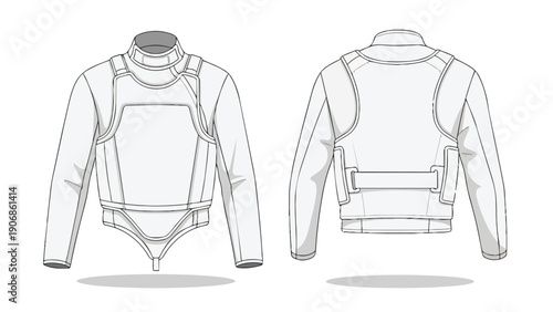 Technical flat sketch of a fencing lamé jacket front and back views professional sportswear garment design illustration