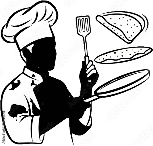 Chef flipping pancakes in kitchen with spatula and frying pan