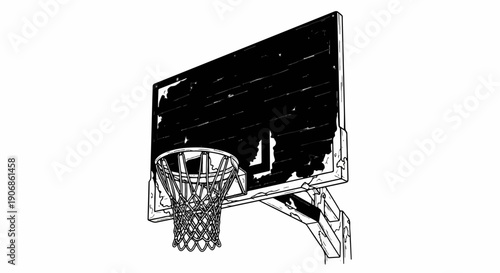 Close-up outline of a worn basketball backboard and net with dark patches
