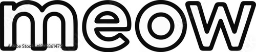 Bold, outlined text spelling "meow" in a stylized font against a white background