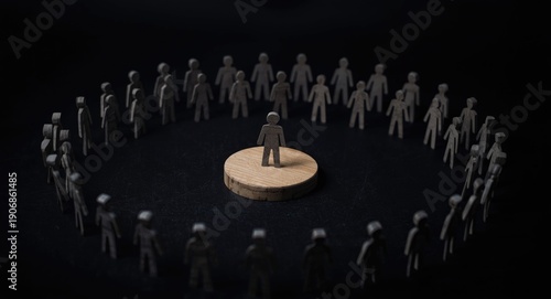 Dark backdrop visual of social isolation with numerous paper figures encircling one prominent figure on a wooden stand