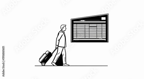 Businessman with suitcase checks flight board at airport