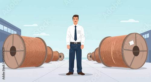 Businessman standing among giant spools of wire in a factory