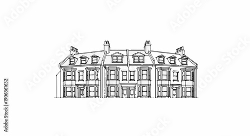 Detailed line drawing of attached houses with bay windows, dormers, and chimneys