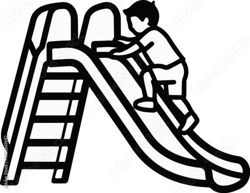 Child climbing stairs to slide down an outdoor playground slide
