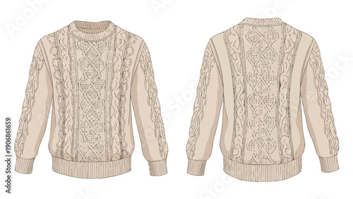 Timeless beige sweater with detailed cable knit design, front and back views showcased