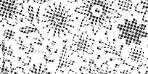 Vector plant background, flowers and leaves,, seamless pattern, halftone dots, fading dot effect, black isolated on white background
