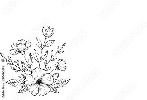 Delicate sketched floral arrangement with petals and leaves on white