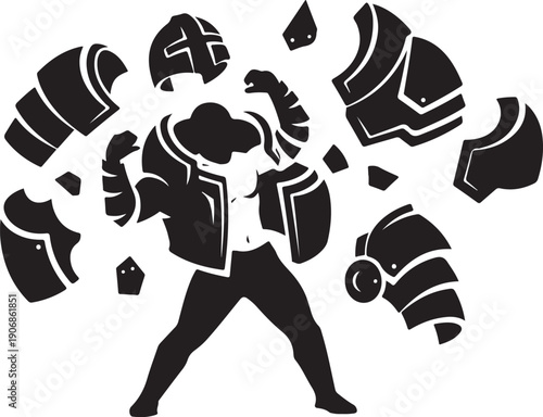 Man in broken armor silhouette with pieces flying apart