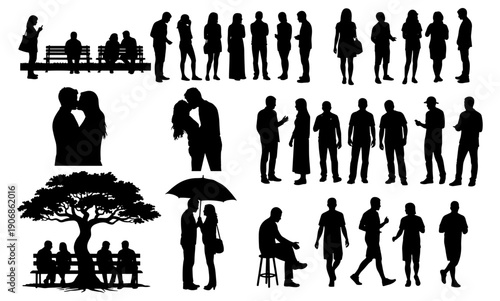 Diverse People Activities Silhouettes, Dancing Couples, Musicians, Sports, Dining, and Parents with Stroller Isolated Vector