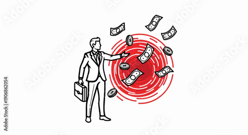 Businessperson with briefcase surrounded by falling cash and coins
